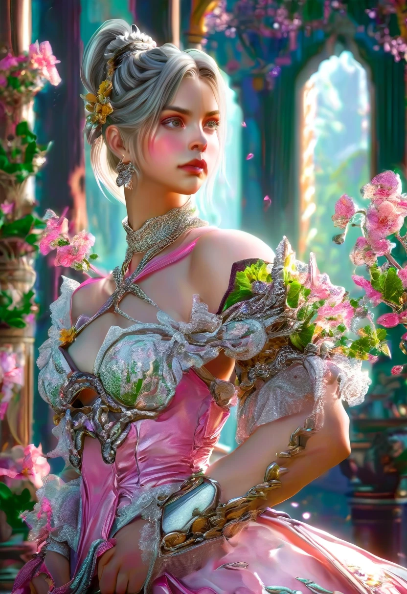 Ivy (Soul Calibur VI), Woman, serious, elegant, pink dress, aristocratic, silver elements, long nails, bare shoulders, hairstyle, hair up, braid and ponytail, messy, arrogant, absurdes, detailed dress, royalty, celebration, hall decorated with flowers, cowboy shot, portrait, (best quality), (masterpiece), (highly detailed), (4k)