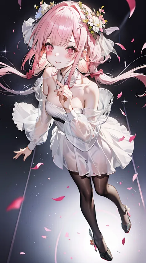 a girl，full-body shot，full body love，c cup,（masterpiece），（best quality），（pink hair，white hair：2，white花朵装饰，white hairpin），（black ...