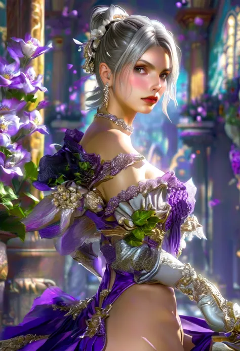 ivy (soul calibur vi), woman, serious, elegant, purple dress, aristocratic, silver elements, long nails, bare shoulders, hairsty...