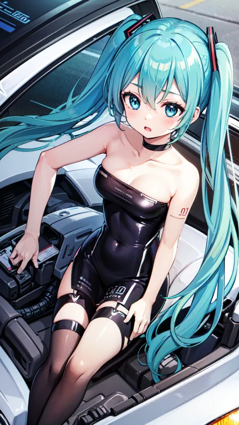 masterpiece、Highest quality、8k、Hatsune Miku VOCALOID、Twin tails、Light blue hair, light blue eyes、Race Queen Motor Show、