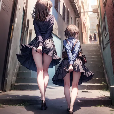 animese anime woman in skirt and blouse, walking up the stairs, 1woman, stairs, skirt, brown hair,long hair,solo, grey skirt, ((...