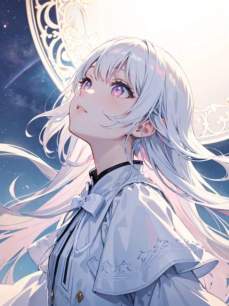 starlight cross in the sky,look up at the sky pray,white arctic clothes ,rainbow aurora in sky, one girl, white medium hair, cen...