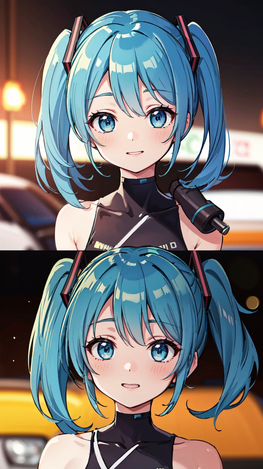 masterpiece、Highest quality、8k、Hatsune Miku VOCALOID、Twin tails、Light blue hair, light blue eyes、Race Queen Motor Show、