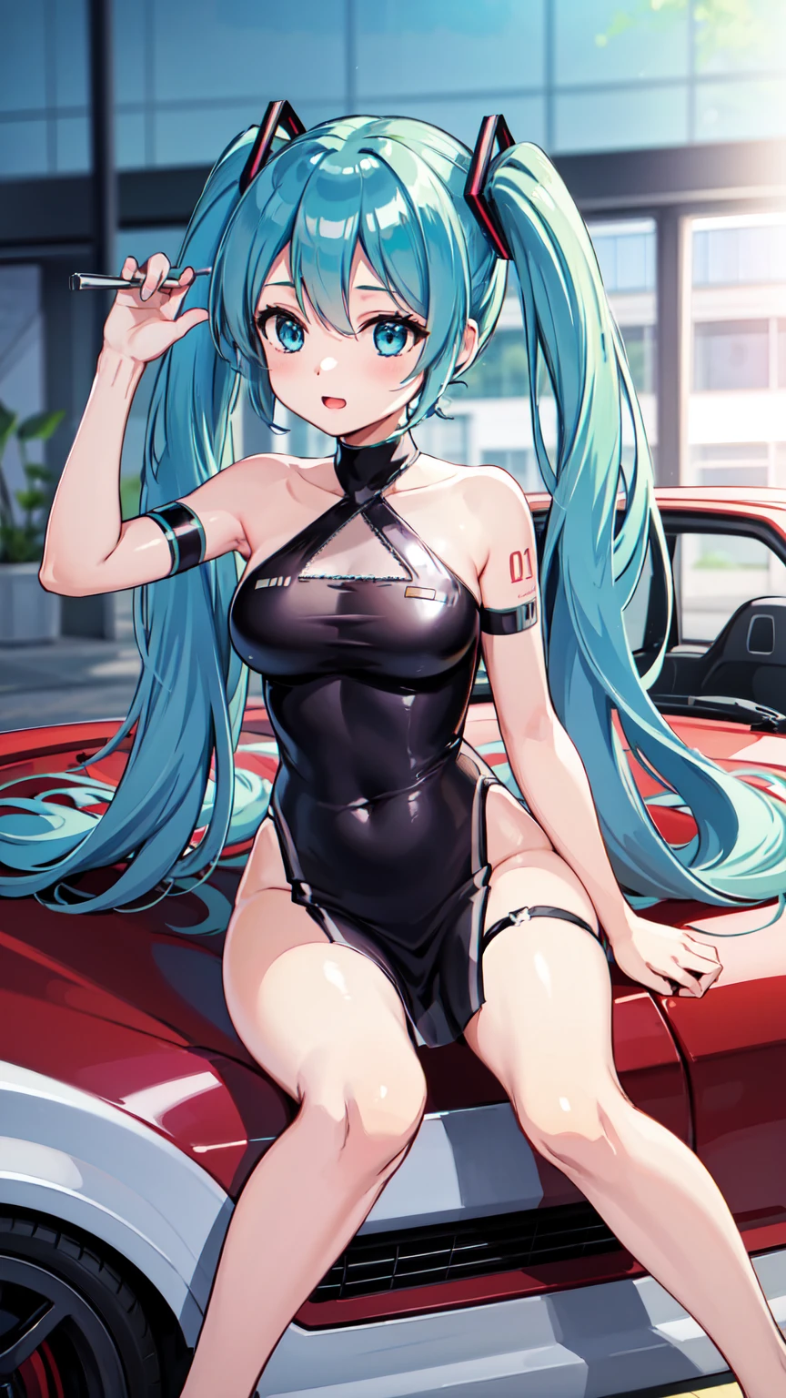 masterpiece、Highest quality、8k、Hatsune Miku VOCALOID、Twin tails、Light blue hair, light blue eyes、Race Queen Motor Show、