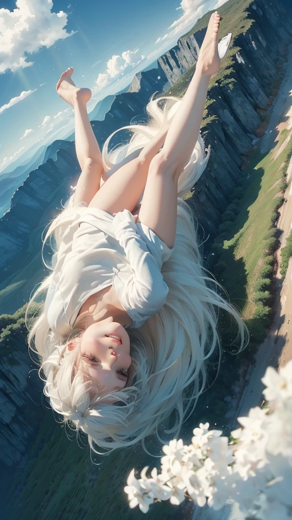 ((A serene summer scene with an ultra-high-definition, realistic angel flying gracefully in the sky)), The angel is facing towards the camera with lifelike facial features and detailed textures, The angel has intricately detailed white wings, fully extended as it soars through the air in an elegant, natural pose, The angel has platinum blonde hair flowing gently in the wind, with realistic light reflections and highlights, emphasizing the sensation of movement, The angel is dressed in a flowing white outfit, adding a sense of purity and grace, The angel holds a silver staff, adding a touch of mystique and power, The theme color of the scene is blue, reflected in the angel's attire, the sky, and the overall color palette The background features a clear summer sky with a soft, highly detailed rainbow arching across it, enhancing the feeling of wonder and beauty, ((The scene takes place in a celestial world, with floating islands and ethereal clouds, adding a magical and otherworldly atmosphere Soft, white clouds accompany the rainbow, adding depth to the sky)), Below, a green land and blue ocean are visible from a high angle, with realistic lighting and shadows, The landscape features gently rolling hills and a distant, vividly detailed sea, as seen from a high vantage point in this sky-bound world, The image is captured in a vertical 9:16 aspect ratio, emphasizing ultra-realistic textures, depth, and the dynamic nature of flight in a heavenly realm,"full-body shot","elegant attire"