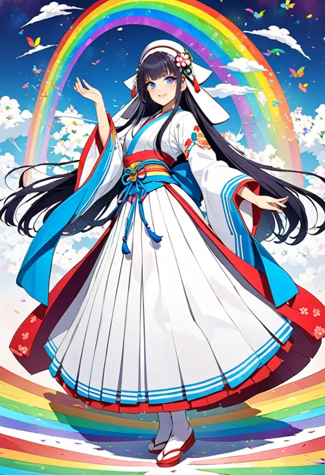 shrine maiden、half blue long hair、full body portrait、beautiful girl、long-hemmed outfit、rainbow eyes、powerful eyes、shrine maiden鈴...