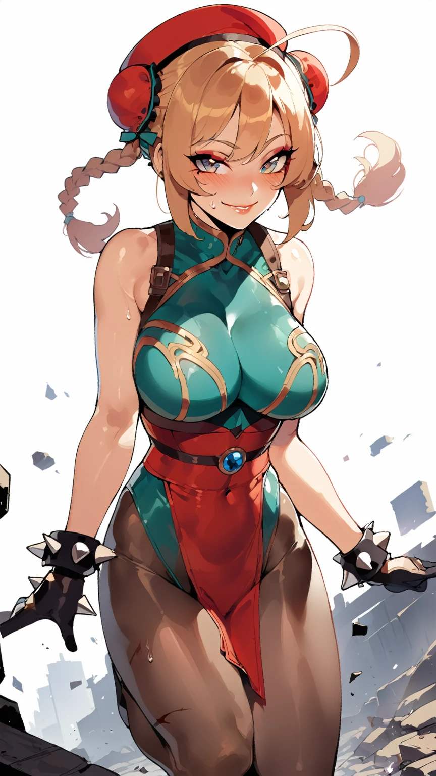 masterpiece,best quality,extreme detail,8k,cammyfn, 1girl, solo, Cammy, long hair, breasts, blue eyes,brown blonde hair, large breasts, gloves, red hat, braid, ahoge, twin braids, leotard, lips, makeup, beret, scar, antenna hair, nose, harness, huge ahoge, green leotard,sleeveless, sweaty,sweat, exhausted,sleeveless,cross eye, full body , 1girl, (solo:1.2), (jumping:1.3), (mid air:1.3), (cowboy shot:1.5), smile, happy, (masterpiece:1.3), (best quality:1.3), (perfect anatomy:1.4), highly detailed, chun li, brown eyes, short hair, double bun, bun cover, blue dress, pelvic curtain, spiked bracelet, sash, brown pantyhose, (post fight scenery:1.3), rubble, outside, daylight, nyantcha, expressive faces, anime-inspired, (cell shading:1.2), lips, merging, fusion, fused, merged
