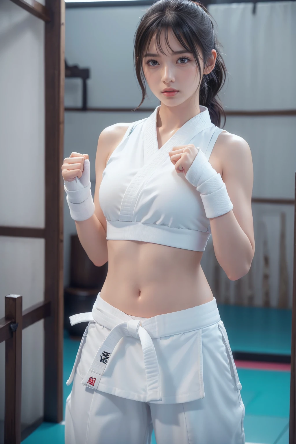 (I can see a sporty bra)、(((sexy Karate clothes)))、Female karateka with bangs and ponytail、Visible navel and lower chest、shiny skin、((shy face))、((Turn your face away))、((look sideways))、((face is flushed))、(Watery eye)、cry、(((Karate Dojo)))、((delicate pictures))，(Masterpiece detailed RAW photos:1.25), (highest quality:1.6), (Super high resolution:1.5), (realistic:1.75), 8K resolution, Canon EOS R5, 50mm, absurd, super detailed,cinematic lighting、((Sporty panties are visible))、(((The pants are taken off)))、