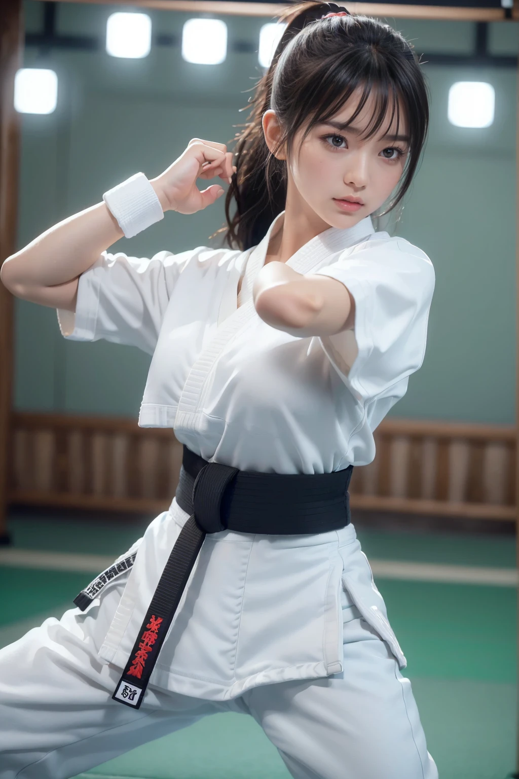 (I can see a sporty bra)、(((sexy Karate clothes, black belt)))、Female karateka with bangs and ponytail、Visible navel and lower chest、shiny skin、((shy face))、((Turn your face away))、((look sideways))、((face is flushed))、(Watery eye)、cry、(((Karate Dojo)))、((delicate pictures))，(Masterpiece detailed RAW photos:1.25), (highest quality:1.6), (Super high resolution:1.5), (realistic:1.75), 8K resolution, Canon EOS R5, 50mm, absurd, super detailed,cinematic lighting、((Sporty panties are visible))、(((The pants are taken off)))、