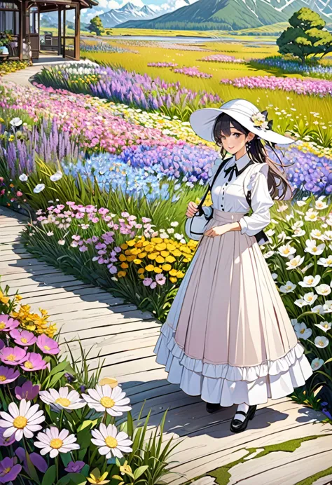 nature、magnificent view、marshland、flower field、alpine plants、boardwalk、（girl walking on the road、white wide-brimmed hat、long ski...