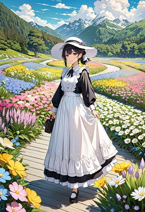 nature、magnificent view、marshland、flower field、alpine plants、boardwalk、（girl walking on the road、white wide-brimmed hat、long ski...