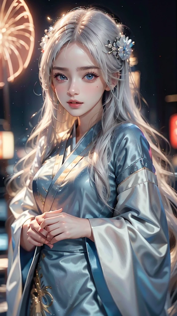 ((8k,Realistic,Beautiful single woman，White Gold Hair，Blue Eyes，Summer Nights in Japan，))Fantastic Fireworks at Miyajima，Traditional Japan yukata，The theme color is red,Angle from below