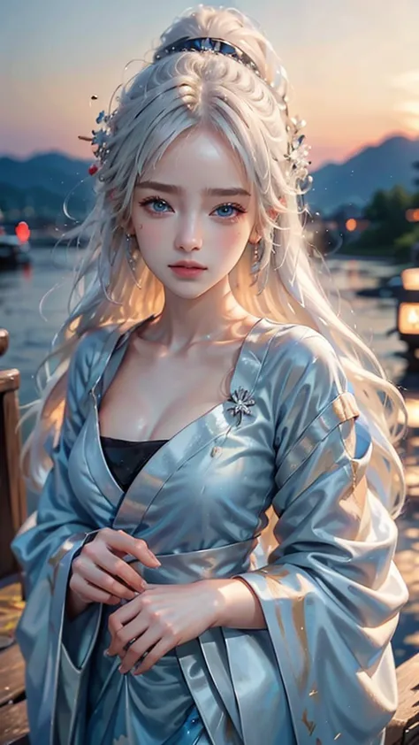 ((8k,realistic,beautiful single woman，white gold hair，blue eyes，summer nights in japan，))fantastic fireworks at miyajima，traditi...