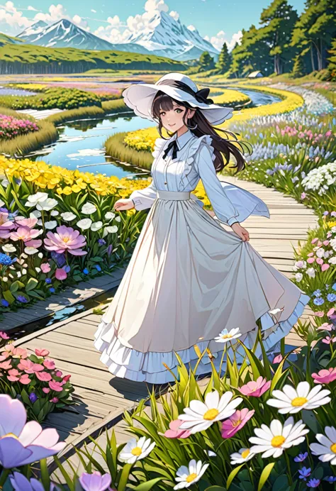 nature、magnificent view、marshland、flower field、alpine plants、boardwalk、girl and maid、（girl walking on the road、white wide-brimme...