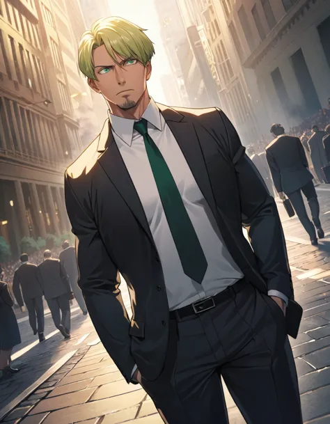 1man, veteran spy agent, tough mature, business hair with short asymmetrical bangs, little goatee, green platina blond hair, eme...