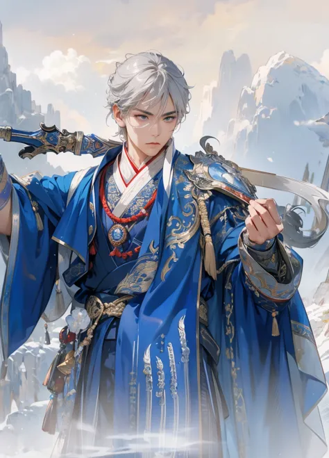 moonlit warrior: a powerful asian male stands steadfast on the misty peak, bathed in soft lunar light. traditional blue robe wit...