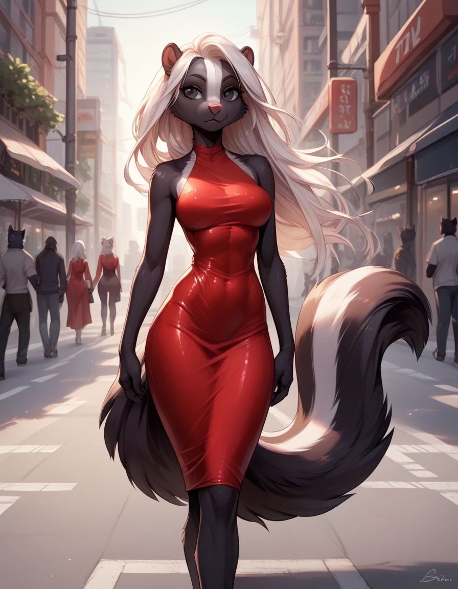 Skunk, Furry ,black fur, black eyes,Sexy, white front hair, long white hair, (((tight red dress))), ((large boobs)), (walking down city street),