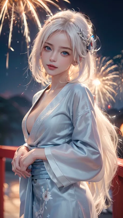 ((8k,realistic,beautiful single woman，white gold hair，blue eyes，summer nights in japan，))fantastic fireworks at miyajima，traditi...