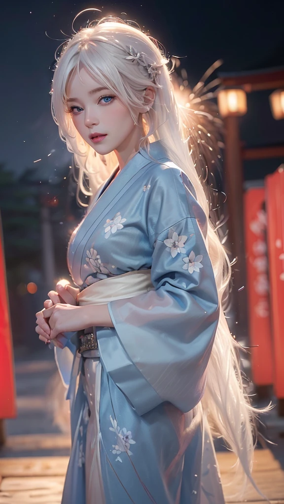 ((8k,Realistic,Beautiful single woman，White Gold Hair，Blue Eyes，Summer Nights in Japan，))Fantastic Fireworks at Miyajima，Traditional Japan yukata，The theme color is red,Angle from below