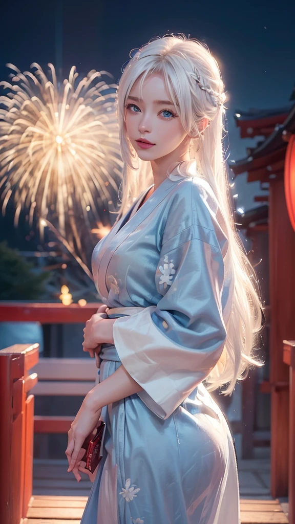 ((8k,Realistic,Beautiful single woman，White Gold Hair，Blue Eyes，Summer Nights in Japan，))Fantastic Fireworks at Miyajima，Traditional Japan yukata，The theme color is red,Angle from below