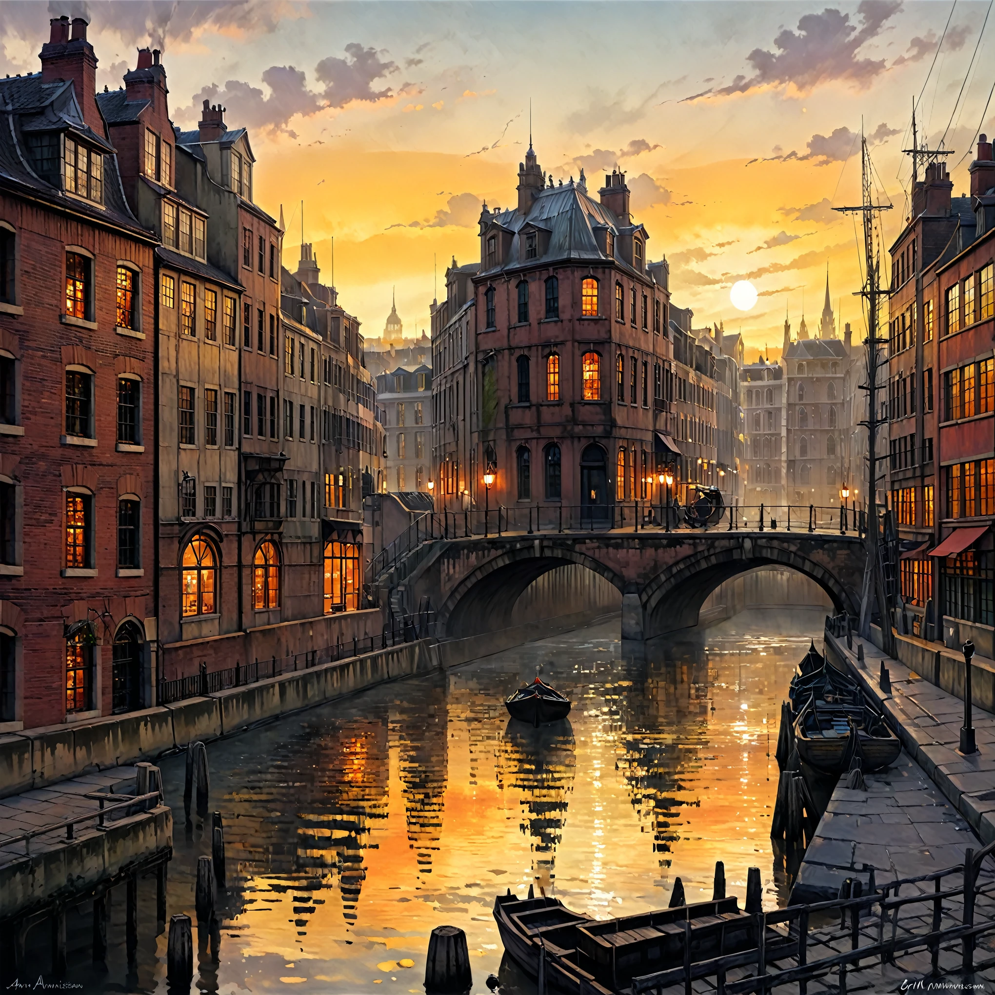 painting of a canal in a city with a sunset, rob mcnaughton, autumn sunset, scenery artwork, sunset glow, background artwork, rich picturesque colors, at sunset in autumn, beautiful oil matte painting, beautiful art uhd 4 k, stunning art, inspired by Esao Andrews, inspired by John Atkinson Grimshaw, amber glow, detailed painting 4 k