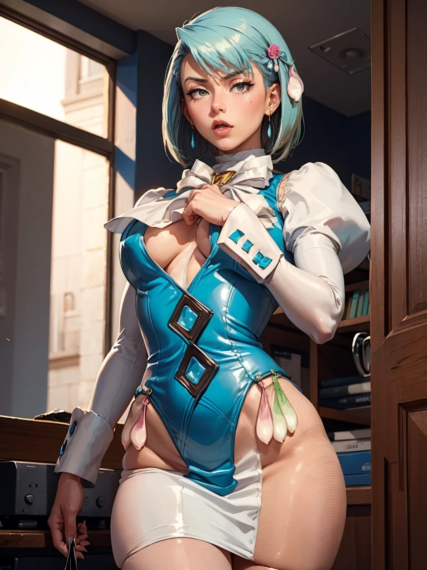 8k, ray tracing, vibrant colors, (1girl, solo), (aafranziska, light blue hair:1.5), black ascot, puffy sleeves, pencil skirt, pantyhose, black gloves, jewelry, earrings, slim figure, masterpiece, sharp focus, Best Quality, depth of field, cinematic lighting, very detailed clothes, (used condoms, condom belt, used condom belt, condom hair ornament:1.6), abs, ((so embarrassed, blush)), elbow gloves, Perfect eyes, perfect hair, Rich in details and textures, masterpiece, Best Quality, beautiful girl, Sun light, chiaroscuro, (perfect hands:0.7, Clean hands:0.7), ((((Professional photography)))), ((Dream)), Whole body