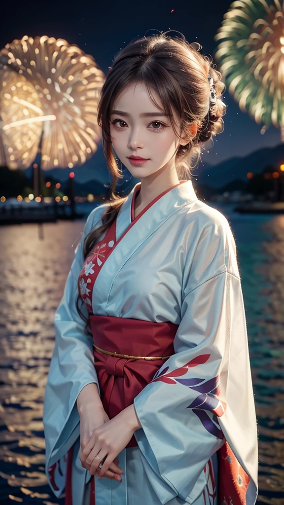 A realistic image of a girl watching a fireworks display at Miyajima,
The girl is facing the camera,
The sky is filled with colorful fireworks,
Fireworks are reflected on the water's surface,
The girl is wearing a traditional yukata,
Her hair is styled in an elegant updo,
The aspect ratio is 9:16,
The scene captures the festive atmosphere, with vibrant fireworks lighting up the night sky over the water