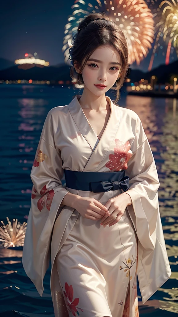 A realistic image of a girl watching a fireworks display at Miyajima,
The girl is facing the camera,
The sky is filled with colorful fireworks,
Fireworks are reflected on the water's surface,
The girl is wearing a traditional yukata,
Her hair is styled in an elegant updo,
The aspect ratio is 9:16,
The scene captures the festive atmosphere, with vibrant fireworks lighting up the night sky over the water