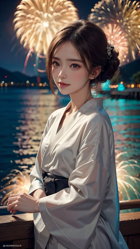 A realistic image of a girl watching a fireworks display at Miyajima,
The girl is facing the camera,
The sky is filled with colorful fireworks,
Fireworks are reflected on the water's surface,
The girl is wearing a traditional yukata,
Her hair is styled in an elegant updo,
The aspect ratio is 9:16,
The scene captures the festive atmosphere, with vibrant fireworks lighting up the night sky over the water