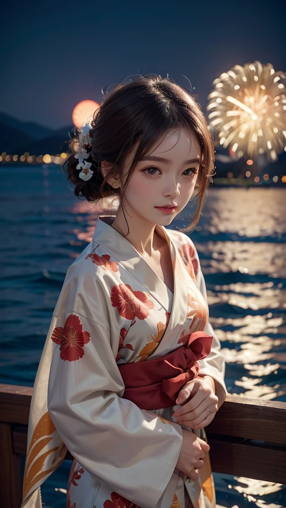 A realistic image of a girl watching a fireworks display at Miyajima,
The girl is facing the camera,
The sky is filled with colorful fireworks,
Fireworks are reflected on the water's surface,
The girl is wearing a traditional yukata,
Her hair is styled in an elegant updo,
The aspect ratio is 9:16,
The scene captures the festive atmosphere, with vibrant fireworks lighting up the night sky over the water