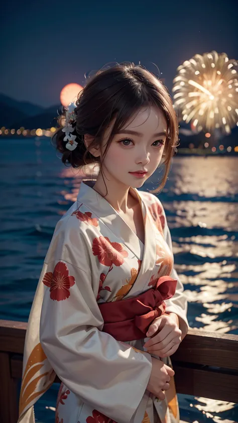 a realistic image of a girl watching a fireworks display at miyajima,
the girl is facing the camera,
the sky is filled with colo...