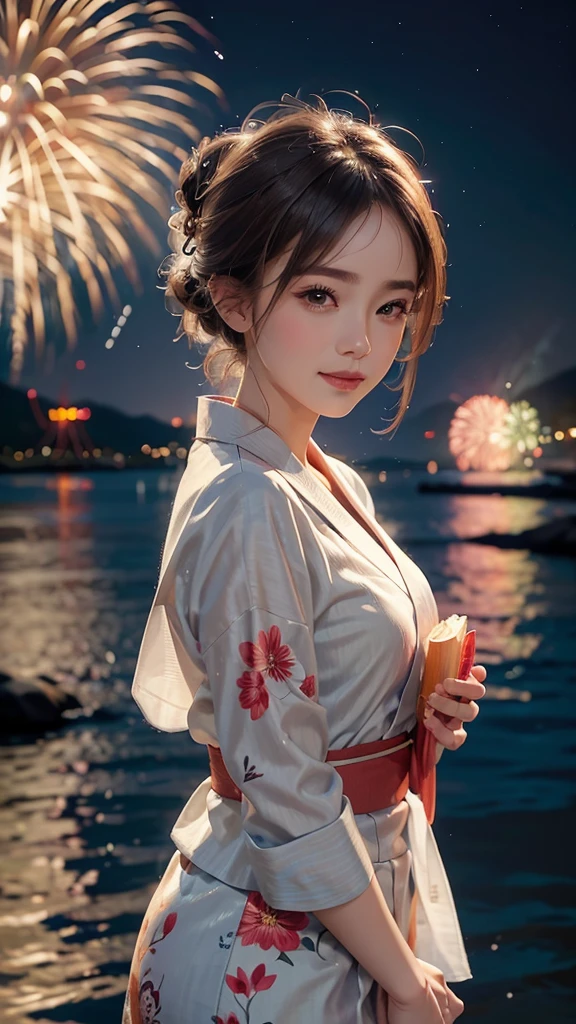 A realistic image of a girl watching a fireworks display at Miyajima, The girl is facing the camera, The sky is filled with colorful fireworks, Fireworks are reflected on the water's surface, The girl is wearing a traditional yukata, Her hair is styled in an elegant updo, The aspect ratio is 9:16, The scene captures the festive atmosphere, with vibrant fireworks lighting up the night sky over the water