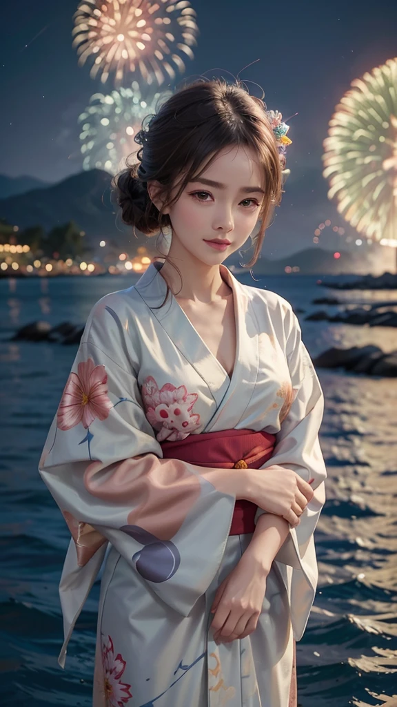 A realistic image of a girl watching a fireworks display at Miyajima, The girl is facing the camera, The sky is filled with colorful fireworks, Fireworks are reflected on the water's surface, The girl is wearing a traditional yukata, Her hair is styled in an elegant updo, The aspect ratio is 9:16, The scene captures the festive atmosphere, with vibrant fireworks lighting up the night sky over the water