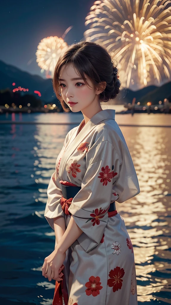 A realistic image of a girl watching a fireworks display at Miyajima, The girl is facing the camera, The sky is filled with colorful fireworks, Fireworks are reflected on the water's surface, The girl is wearing a traditional yukata, Her hair is styled in an elegant updo, The aspect ratio is 9:16, The scene captures the festive atmosphere, with vibrant fireworks lighting up the night sky over the water