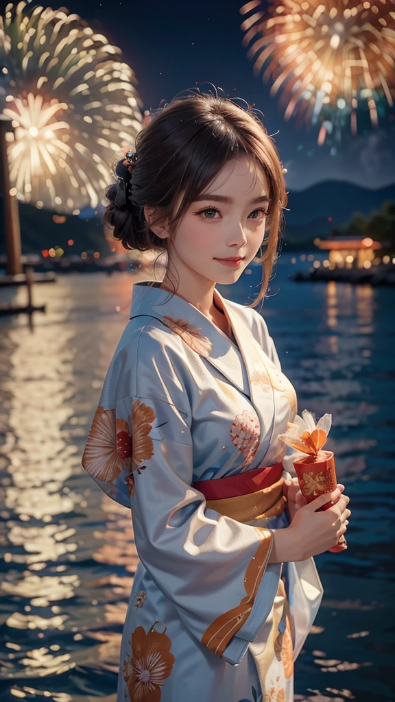 A realistic image of a girl watching a fireworks display at Miyajima
The girl is facing the camera
The sky is filled with colorful fireworks
Fireworks are reflected on the water's surface
The girl is wearing a traditional yukata with a goldfish pattern
Her hair is styled in an elegant updo
The aspect ratio is 9:16
The scene captures the festive atmosphere, with vibrant fireworks lighting up the night sky over the water