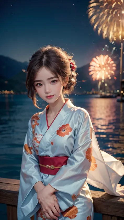 a realistic image of a girl watching a fireworks display at miyajima
the girl is facing the camera
the sky is filled with colorf...