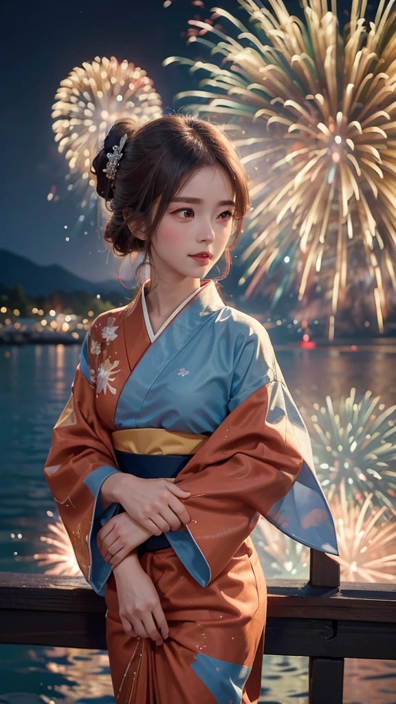 ((A realistic image of a girl watching a fireworks display at Miyajima,8K)),
The girl is facing the camera,
The sky is filled with colorful fireworks,
Fireworks are reflected on the water's surface,
The girl is wearing a traditional yukata with a red and blue goldfish pattern,
Her hair is styled in an elegant updo,
The angle includes a view of Itsukushima Shrine in the background,
The aspect ratio is 9:16,
The scene captures the festive atmosphere, with vibrant fireworks lighting up the night sky over the water