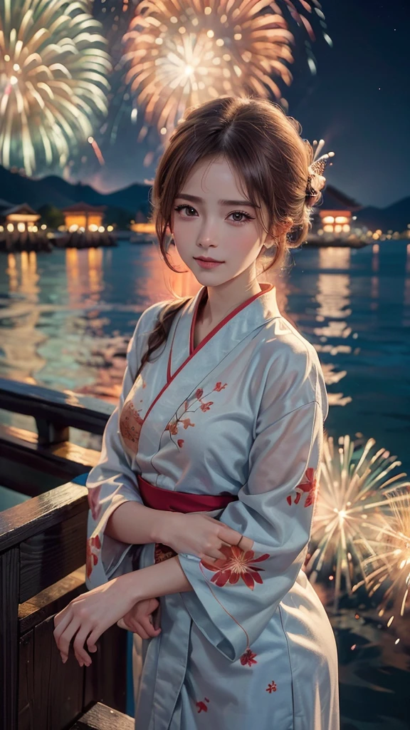 ((A realistic image of a girl watching a fireworks display at Miyajima,8K)),
The girl is facing the camera,
The sky is filled with colorful fireworks,
Fireworks are reflected on the water's surface,
The girl is wearing a traditional yukata with a red and blue goldfish pattern,
Her hair is styled in an elegant updo,
The angle includes a view of Itsukushima Shrine in the background,
The aspect ratio is 9:16,
The scene captures the festive atmosphere, with vibrant fireworks lighting up the night sky over the water