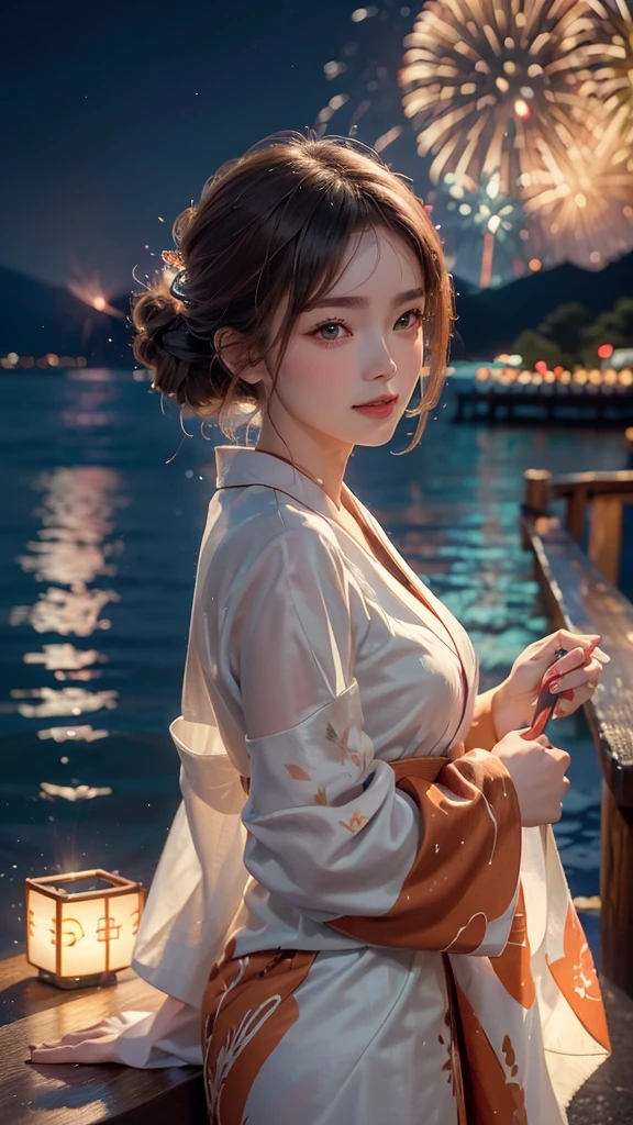 ((A realistic image of a girl watching a fireworks display at Miyajima,8K)),
The girl is facing the camera,
The sky is filled with colorful fireworks,
Fireworks are reflected on the water's surface,
The girl is wearing a traditional yukata with a red and blue goldfish pattern,
Her hair is styled in an elegant updo,
The angle includes a view of Itsukushima Shrine in the background,
The aspect ratio is 9:16,
The scene captures the festive atmosphere, with vibrant fireworks lighting up the night sky over the water