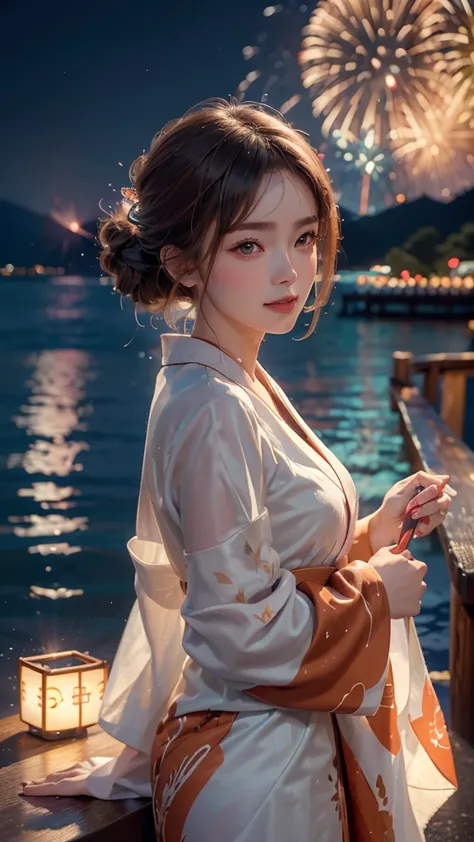 ((a realistic image of a girl watching a fireworks display at miyajima,8k)),
the girl is facing the camera,
the sky is filled wi...