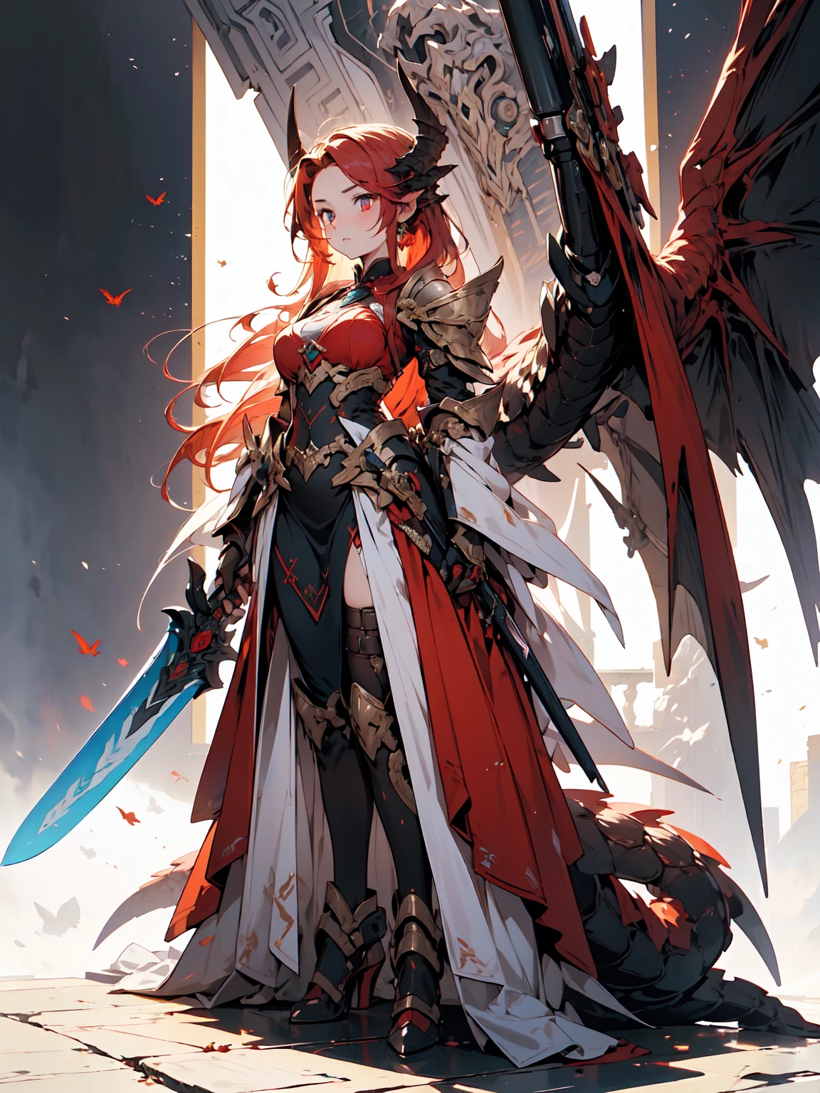 (((masterpiece, best quality, high detailed, 16k))) (1girl) A fierce dragon rider with wild, fiery orange hair and blazing red eyes. She wears a suit of dragon-scale armor that shimmers in shades of red and gold, and a large sword is strapped to her back. She stands confidently beside her dragon, her hand resting on its massive neck. ((full body view))