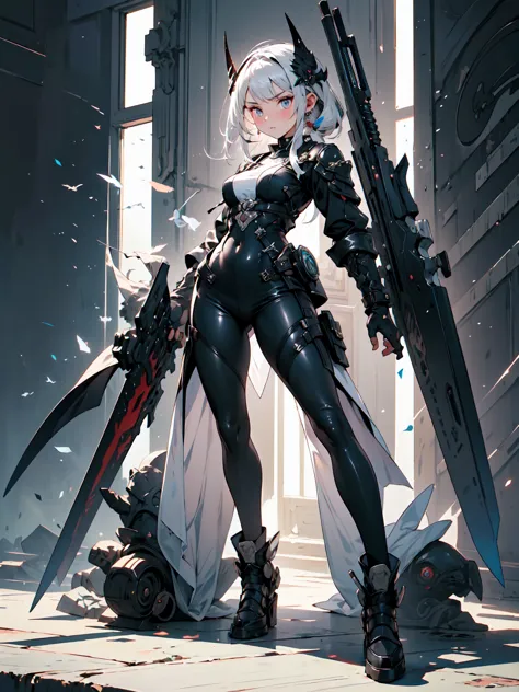 (((masterpiece, best quality, high detailed, 16k))) (1girl) a cunning assassin with short, spiky silver hair and cold, calculati...