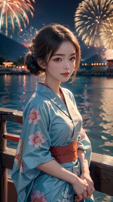 ((a realistic image of a girl watching a fireworks display at miyajima)),
the girl is facing the camera,
the sky is filled with ...