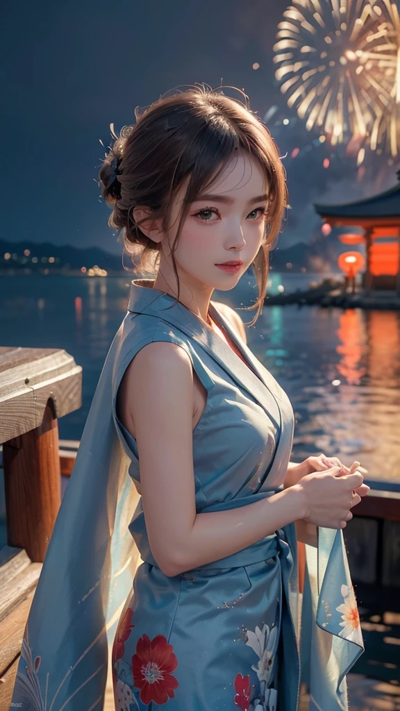 ((A realistic image of a girl watching a fireworks display at Miyajima)),
The girl is facing the camera,
The sky is filled with colorful fireworks,
Fireworks are reflected on the water's surface,
The girl is wearing a blue yukata with traditional patterns,
Her hair is styled in an elegant updo,
((The angle includes a view of Itsukushima Shrine in the background))
The aspect ratio is 9:16
The scene captures the festive atmosphere, with vibrant fireworks lighting up the night sky over the water