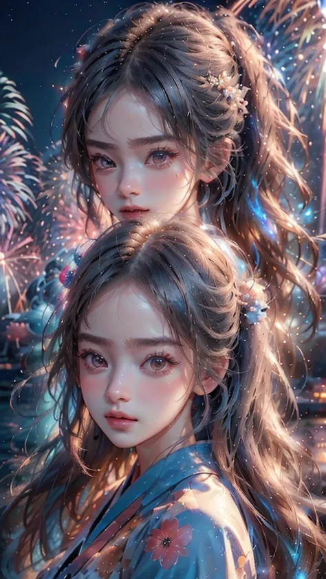 ((a realistic image of a girl watching a fireworks display at miyajima)),
the girl is facing the camera,
the sky is filled with ...