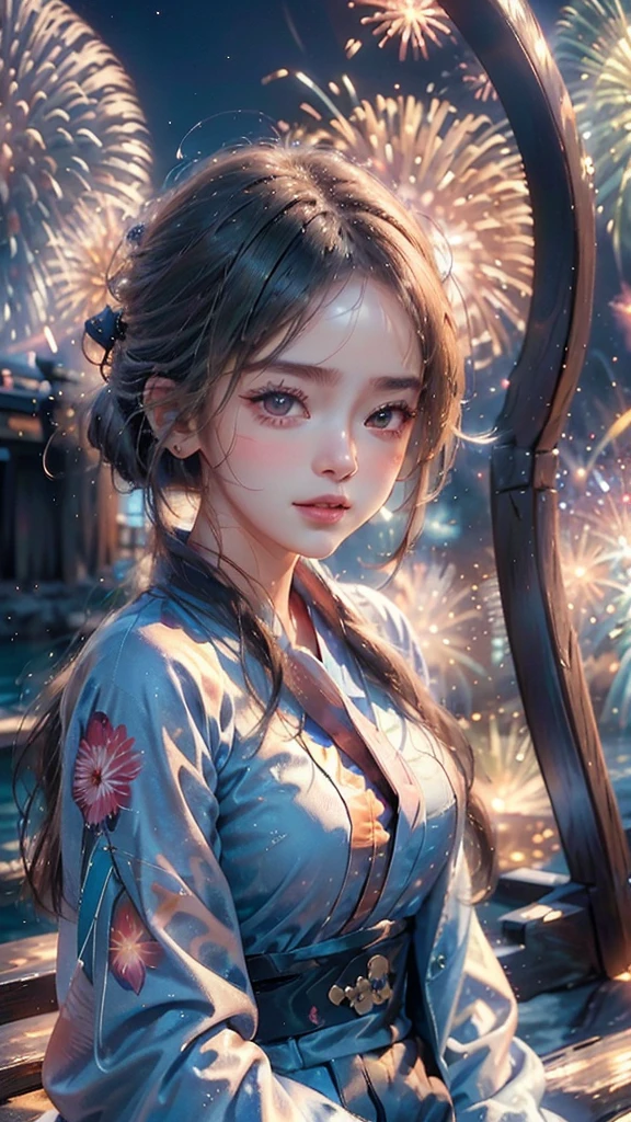 ((A realistic image of a girl watching a fireworks display at Miyajima)),
The girl is facing the camera,
The sky is filled with colorful fireworks,
Fireworks are reflected on the water's surface,
The girl is wearing a blue yukata with traditional patterns,
Her hair is styled in an elegant updo,
The theme colors of the scene are blue and pink, reflected in the yukata and fireworks,
The angle includes a view of Itsukushima Shrine in the background,
The aspect ratio is 9:16,
The scene captures the festive atmosphere, with vibrant fireworks lighting up the night sky over the water