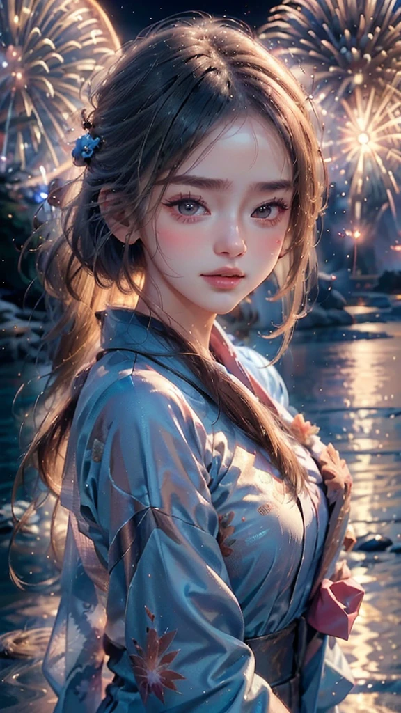 ((A realistic image of a girl watching a fireworks display at Miyajima)),
The girl is facing the camera,
The sky is filled with colorful fireworks,
Fireworks are reflected on the water's surface,
The girl is wearing a blue yukata with traditional patterns,
Her hair is styled in an elegant updo,
The theme colors of the scene are blue and pink, reflected in the yukata and fireworks,
The angle includes a view of Itsukushima Shrine in the background,
The aspect ratio is 9:16,
The scene captures the festive atmosphere, with vibrant fireworks lighting up the night sky over the water