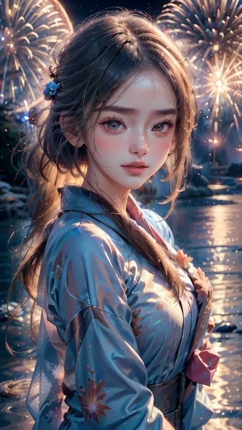 ((a realistic image of a girl watching a fireworks display at miyajima)),
the girl is facing the camera,
the sky is filled with ...