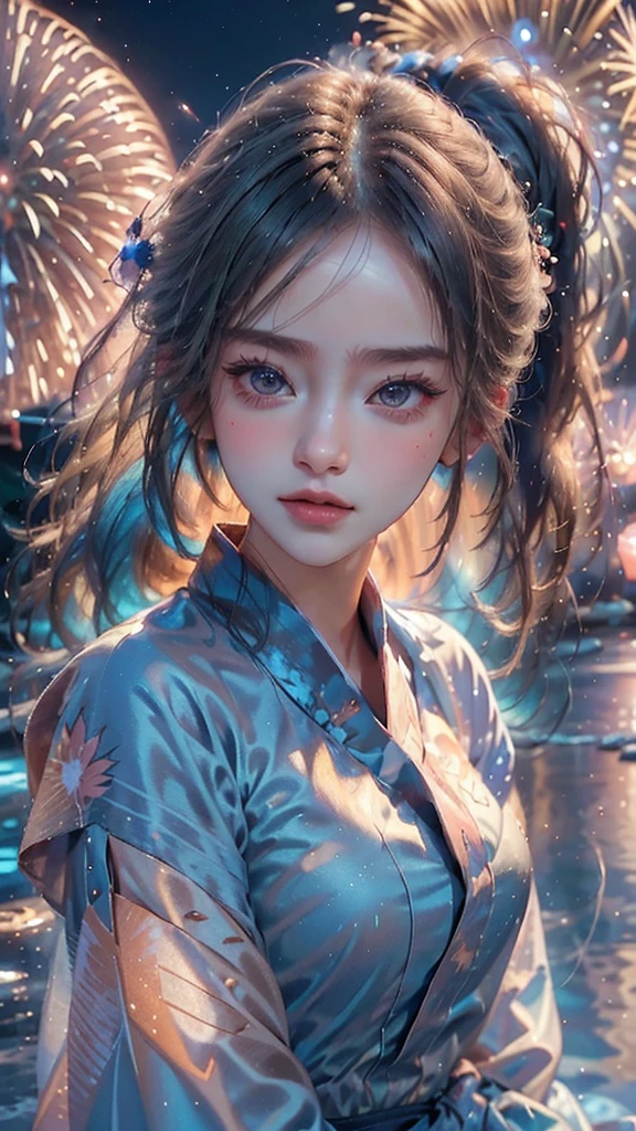 ((A realistic image of a girl watching a fireworks display at Miyajima)),
The girl is facing the camera,
The sky is filled with colorful fireworks,
Fireworks are reflected on the water's surface,
The girl is wearing a blue yukata with traditional patterns,
Her hair is styled in an elegant updo,
The theme colors of the scene are blue and pink, reflected in the yukata and fireworks,
The angle includes a view of Itsukushima Shrine in the background,
The aspect ratio is 9:16,
The scene captures the festive atmosphere, with vibrant fireworks lighting up the night sky over the water