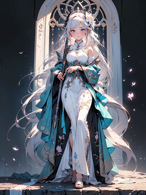 (((masterpiece, best quality, high detailed, 16k))) (1girl) a serene and graceful healer with long, flowing lavender hair and ge...